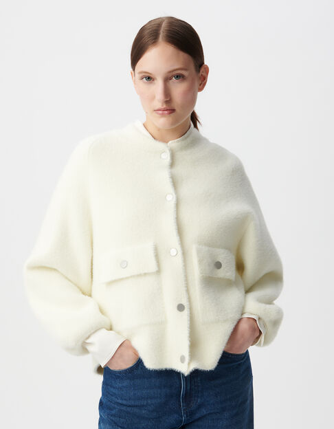 Cardigan blanc tricot duveteux poches &agrave; rabat pressionn&eacute; Femme - IKKS