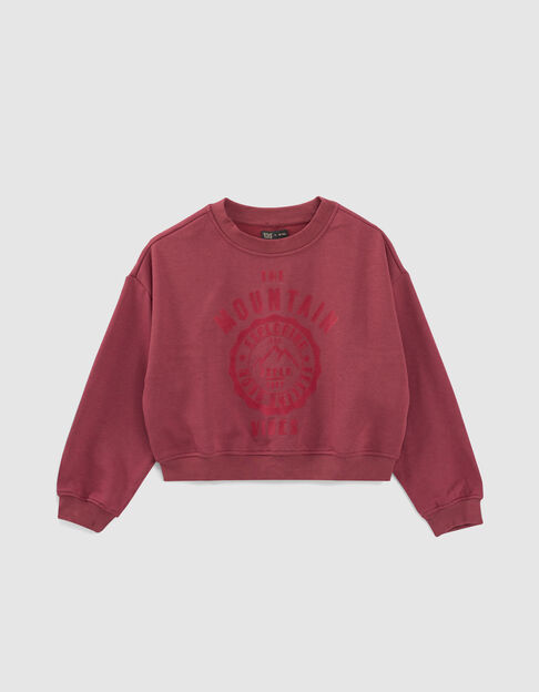 Kirschrotes Mädchensweatshirt mit geflocktem Bergmotiv