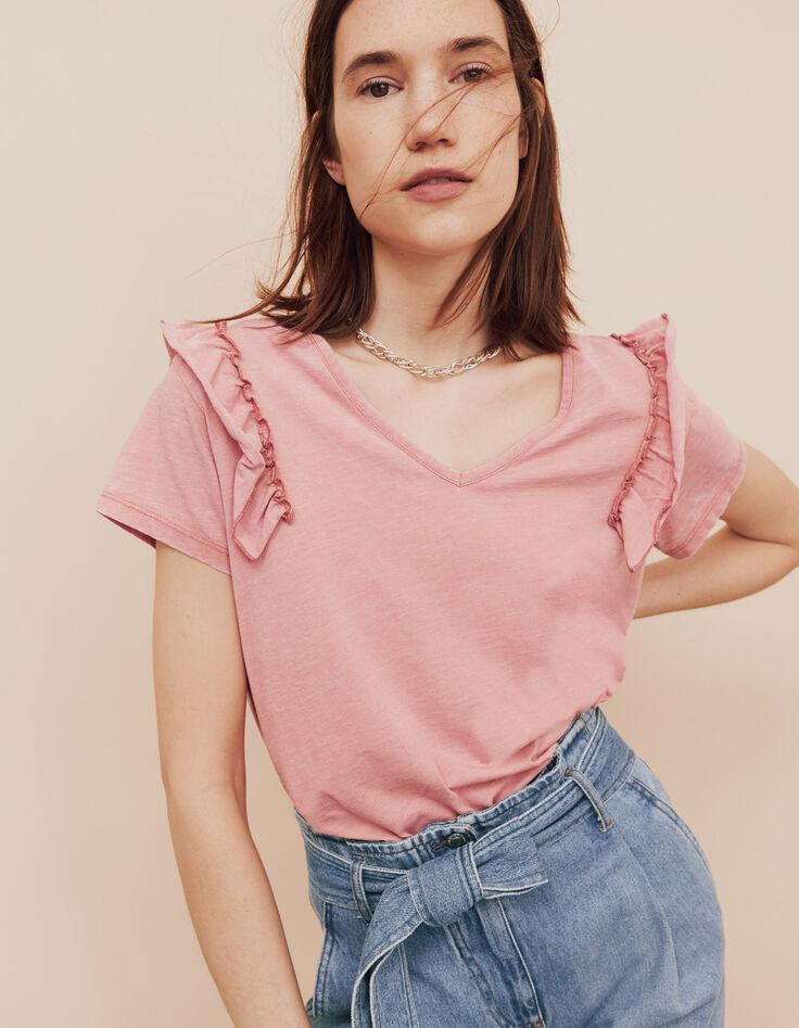 Tee-shirt rose devant dos épaules volantées femme-1 Tee-shirt rose devant dos épaules volantées femme-1