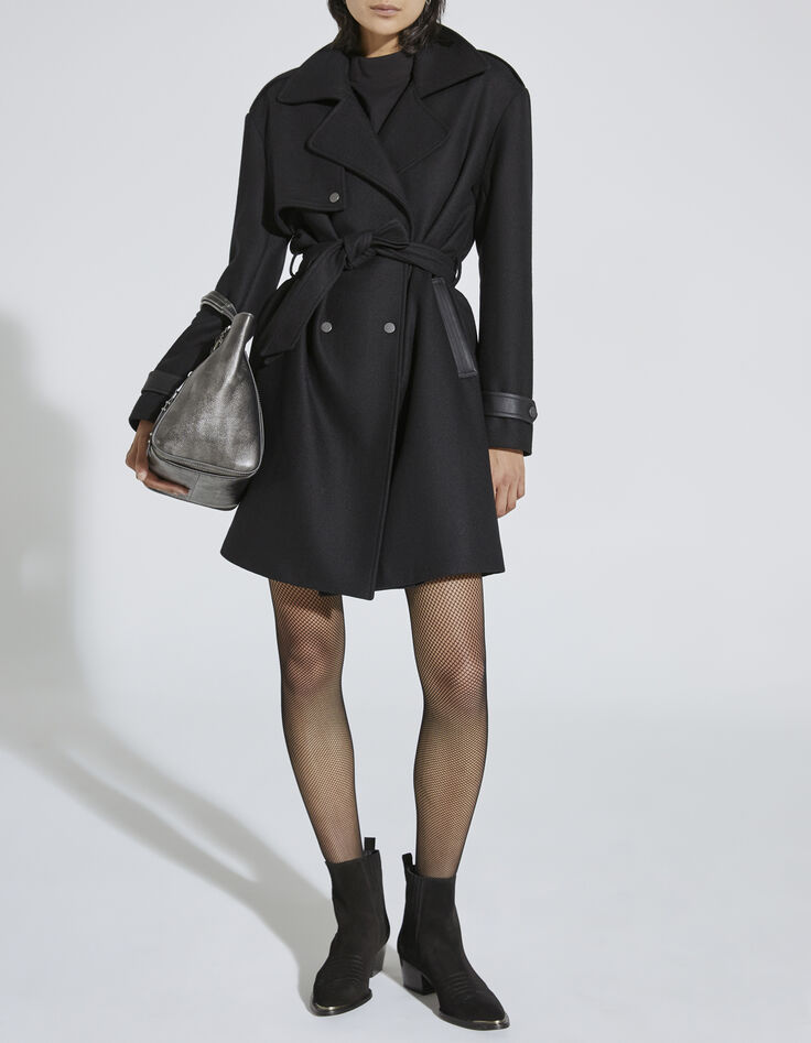Trench long en mix laine et finitions faux cuir noir femme-6