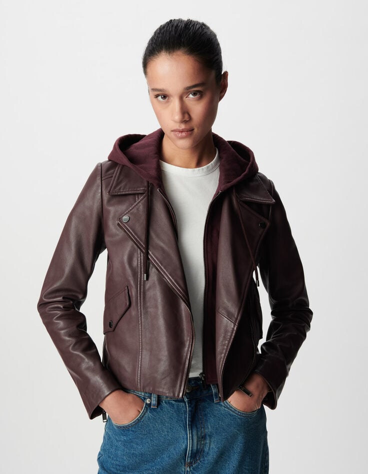 Chaqueta cuero burdeos motera capucha extraíble mujer-2