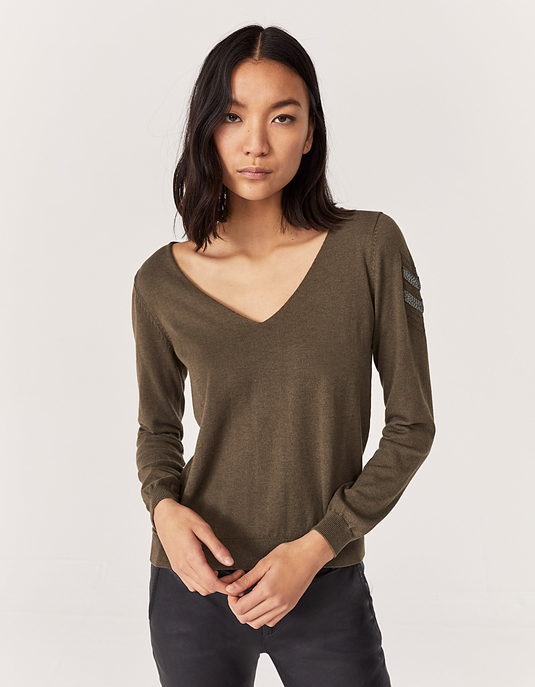 khaki military-style beaded knit sweater