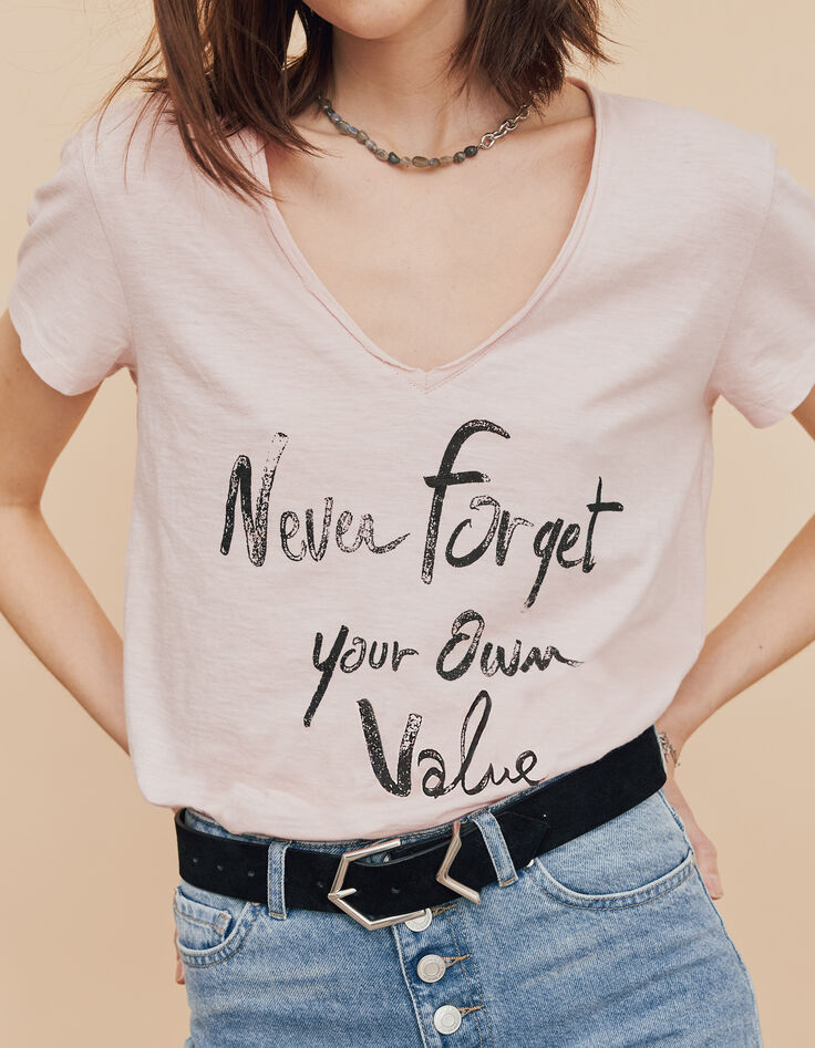 Camiseta rosa algodón flameado mensaje mujer-1