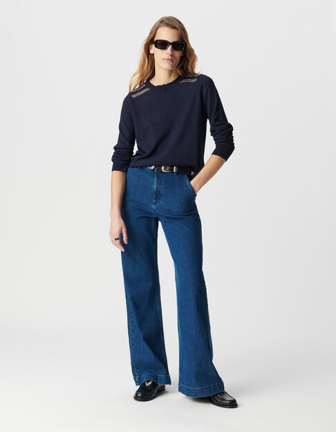 Women's navy knit sweater with pearl embroidery motif - IKKS
