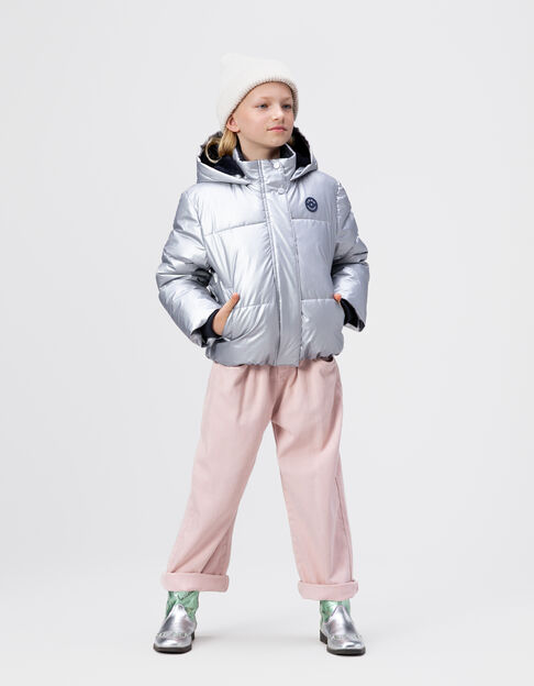 Girls’ silver padded jacket with navy fur-lined hood - IKKS