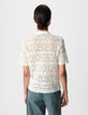 Top blanc tricot crochet col polo Femme-3
