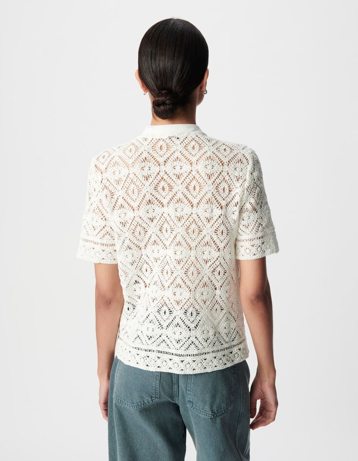 Top blanc tricot crochet col polo Femme-3