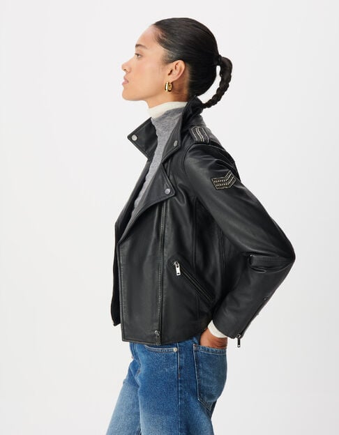 Zwart leren bikerjack met afneembare capuchon Dames - IKKS
