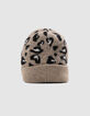 Bonnet beige tricot motif léopard fille-5