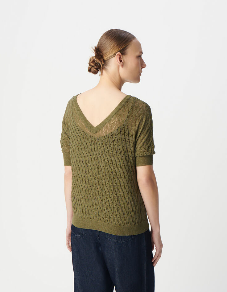 Pull kaki tricot lurex ajouré encolure V dos Femme-4
