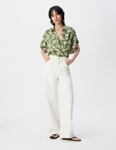 Chemise manches courtes vert satin&eacute; imprim&eacute; feuilles Femme - IKKS