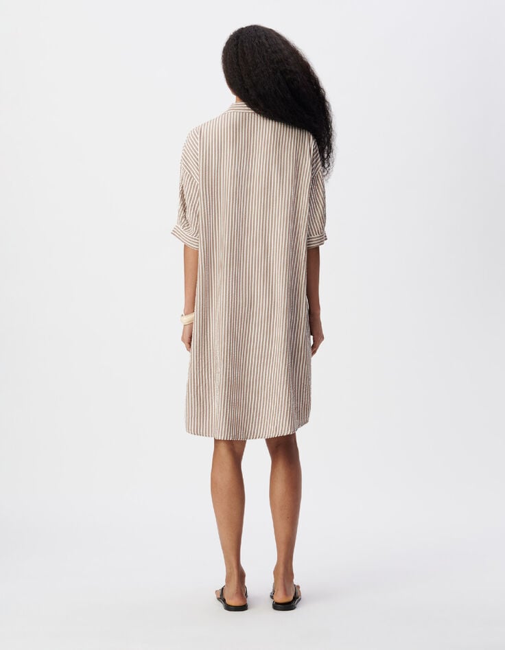 Vestido camisero marr&oacute;n rayas y encaje Mujer-3
