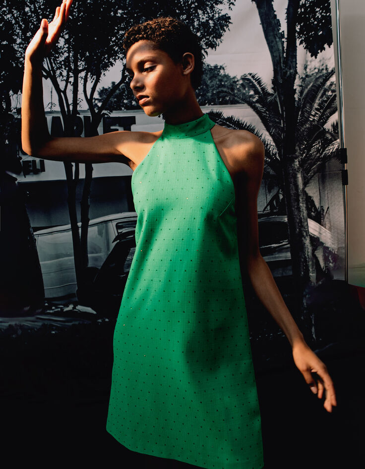Robe menthe décor strass ton sur ton Femme-9