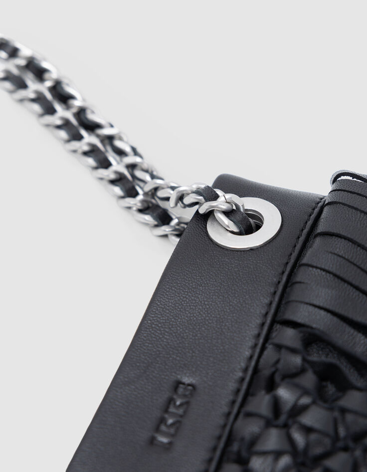 Phone bag noir cuir façon macramé frangé-6