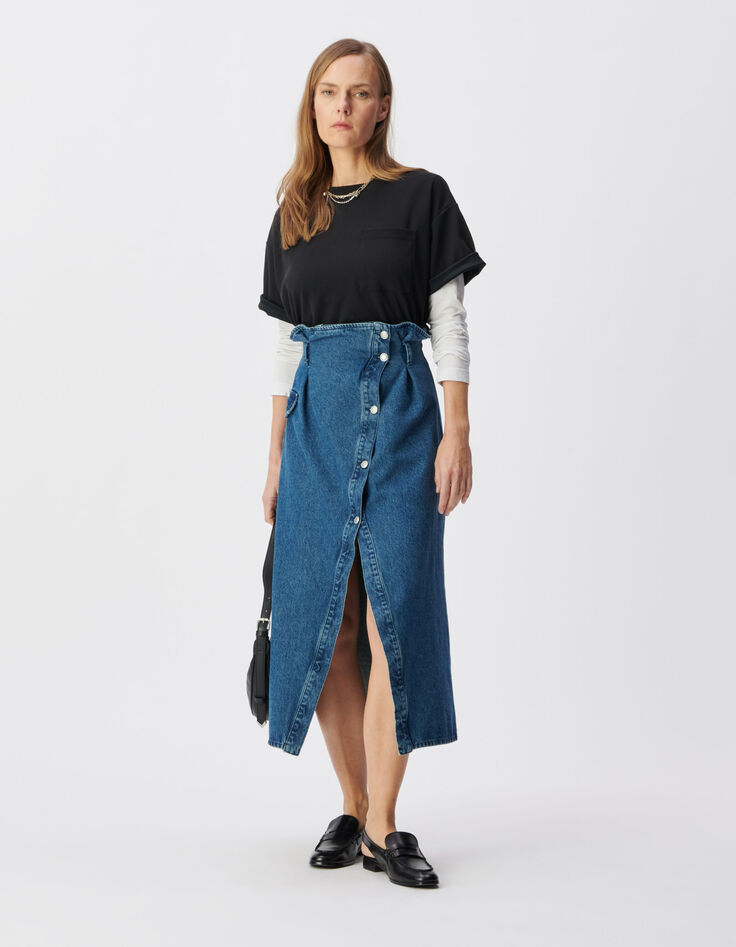 Jupe en jean bleu fendue taille haute asym&eacute;trique Femme-2