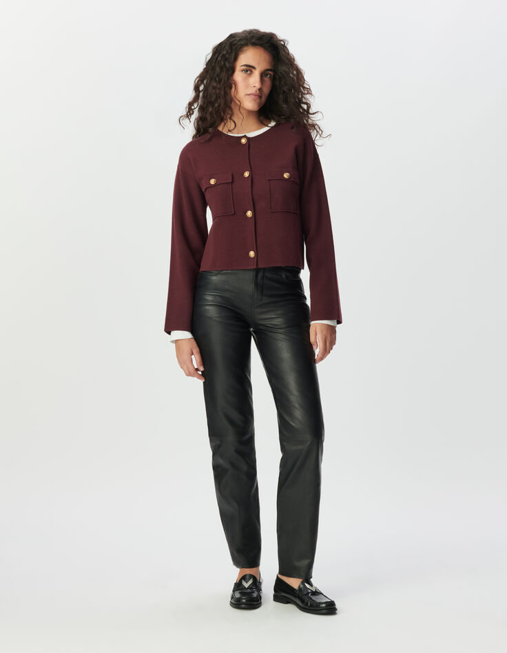 Women’s burgundy knit short cardigan with patch pockets-1