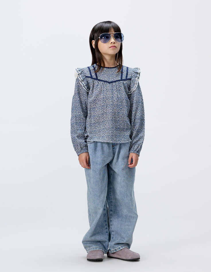 Marineblaue Mädchenbluse Leopardenprint Schleifen-2 Marineblaue Mädchenbluse Leopardenprint Schleifen-2