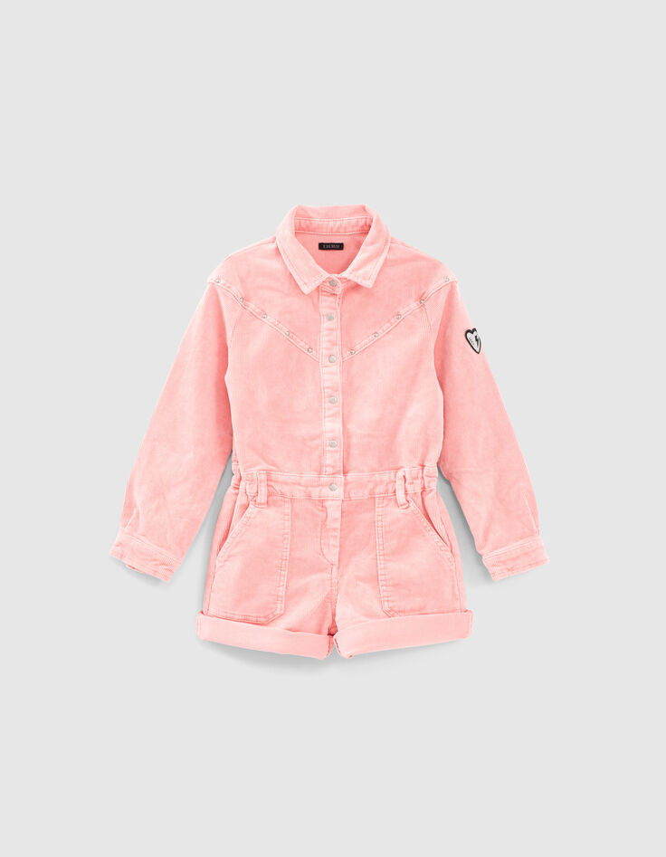 Mittelrosa Mädchenkurzoverall aus Velours mit Nieten-1