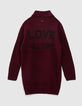 Women’s burgundy knit cardigan with intarsia love slogan-1