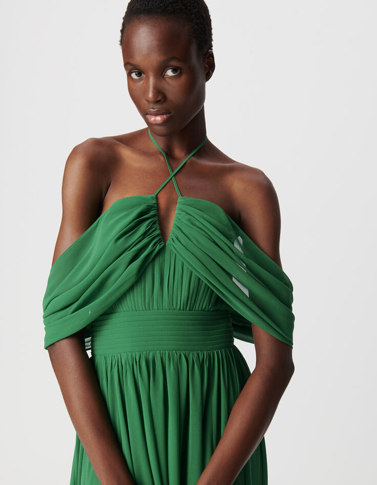 Grünes langes Kleid für Damen mit drapierten Trägern-3