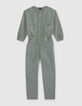 Khaki Mädchenoverall mit Reißverschluss-1
