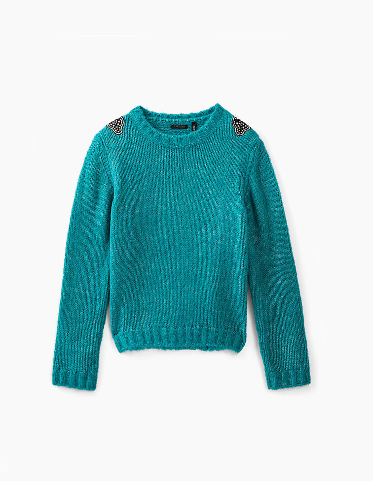 Girls’ teal blue embroidered shoulder patch knit sweater-1 Girls’ teal blue embroidered shoulder patch knit sweater-1