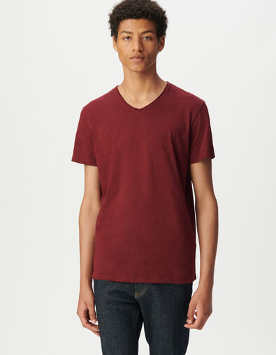 T-shirt encolure V bordeaux coton bio flammé Homme - IKKS