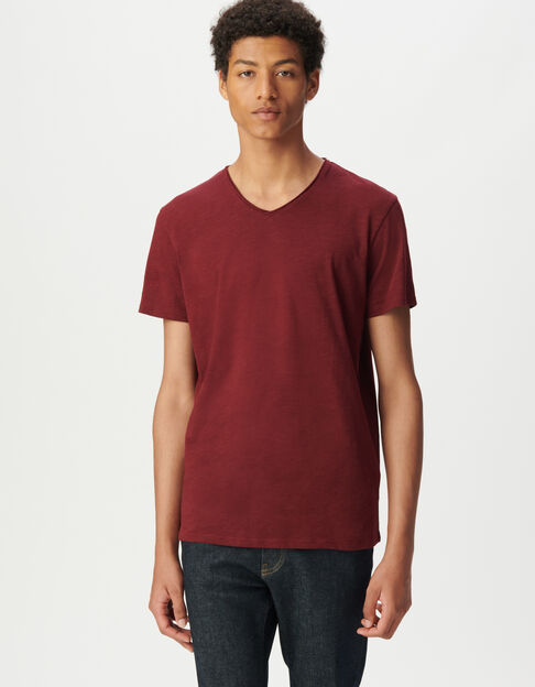 Bordeaux T-shirt V-hals gevlamd biokatoen Heren - IKKS