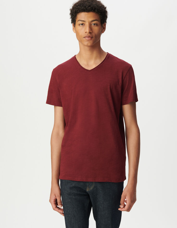 T-shirt encolure V bordeaux coton bio flammé Homme-1 T-shirt encolure V bordeaux coton bio flammé Homme-1