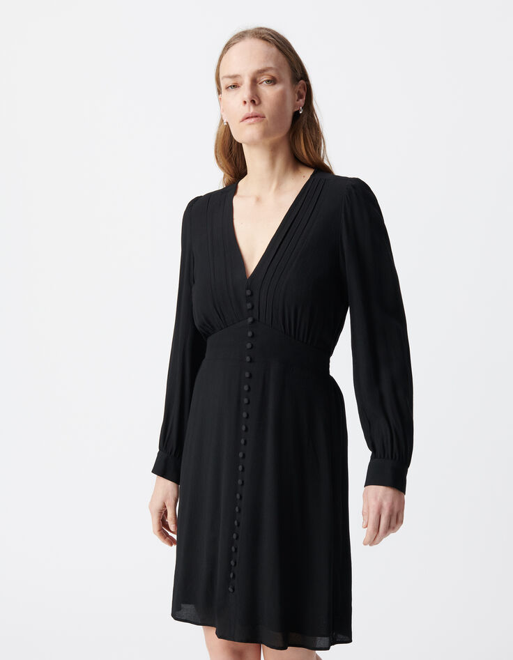Schwarzes Kleid für Damen mit Falten und Knöpfen-4