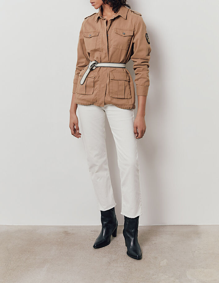 Women’s beige long safari-style jacket with motif on back - IKKS
