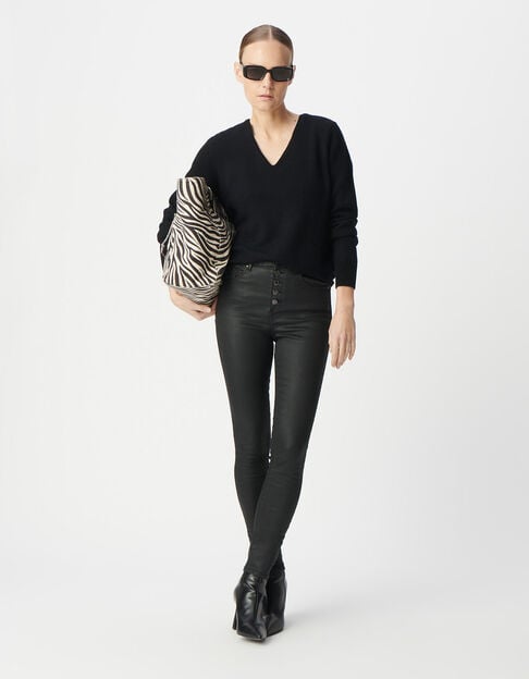 Women's black cropped jeans with visible powerstretch buttons - IKKS