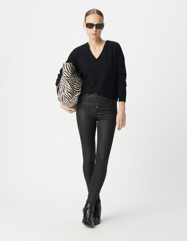 Zwarte cropped jeans voor Dames met zichtbare powerstretch knopen-1 Zwarte cropped jeans voor Dames met zichtbare powerstretch knopen-1