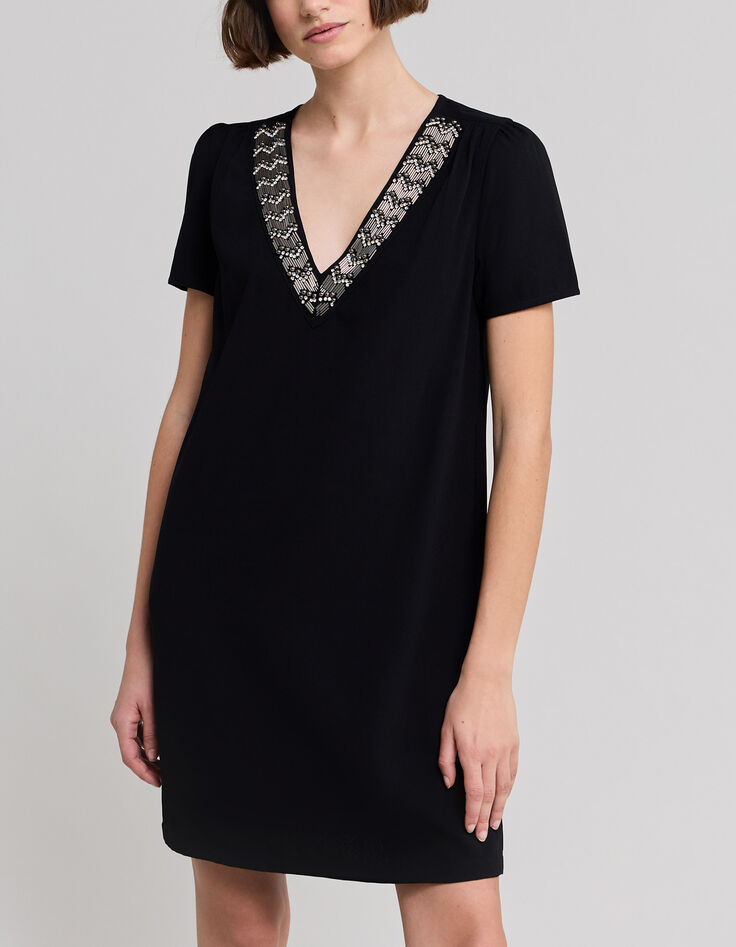Women’s black recycled dress, pretty embroidered collar-2