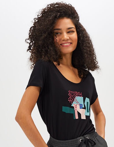 Schwarzes T-Shirt mit Arty-Motiven und Plumetis hinten I.Code