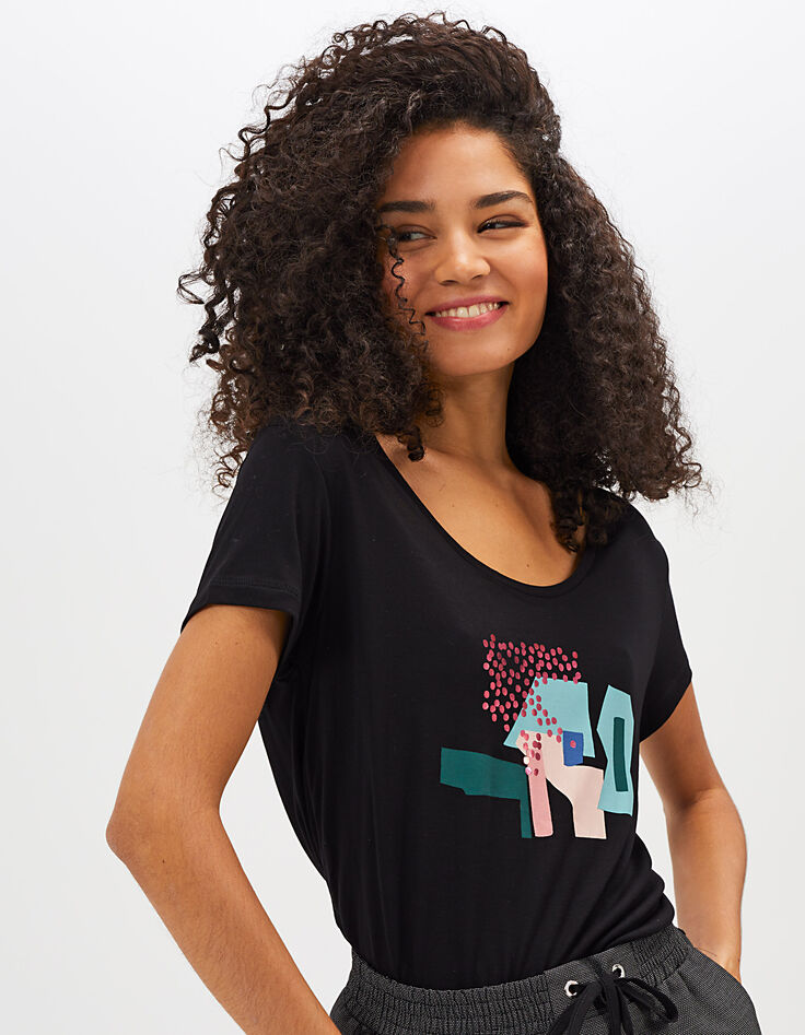 Schwarzes T-Shirt mit Arty-Motiven und Plumetis hinten I.Code-1 Schwarzes T-Shirt mit Arty-Motiven und Plumetis hinten I.Code-1