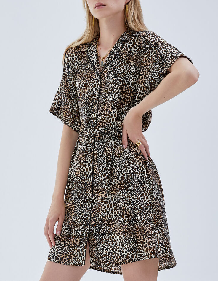Women’s cognac shirt dress with baby leopard print-1