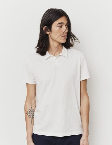 Men’s white slub cotton polo shirt with 1 button