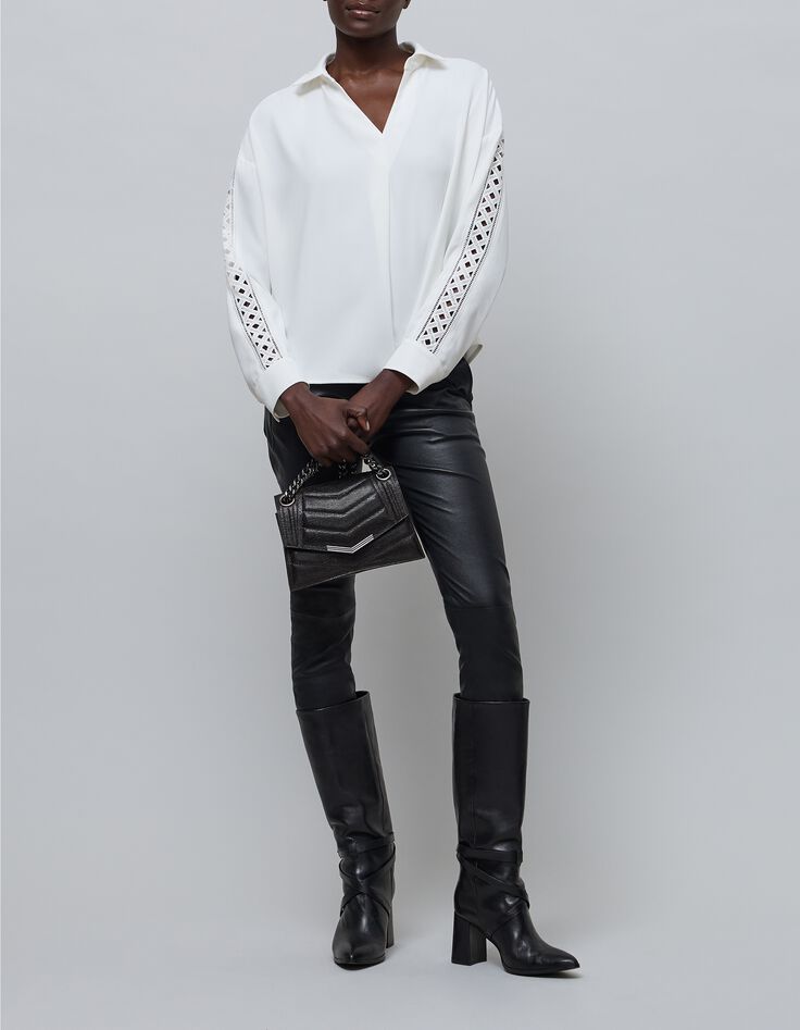 Women's white blouse with graphic lace sleeves-1