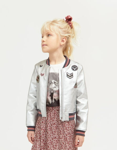 Girls’ silver bomber jacket with badges & striped ribbing
