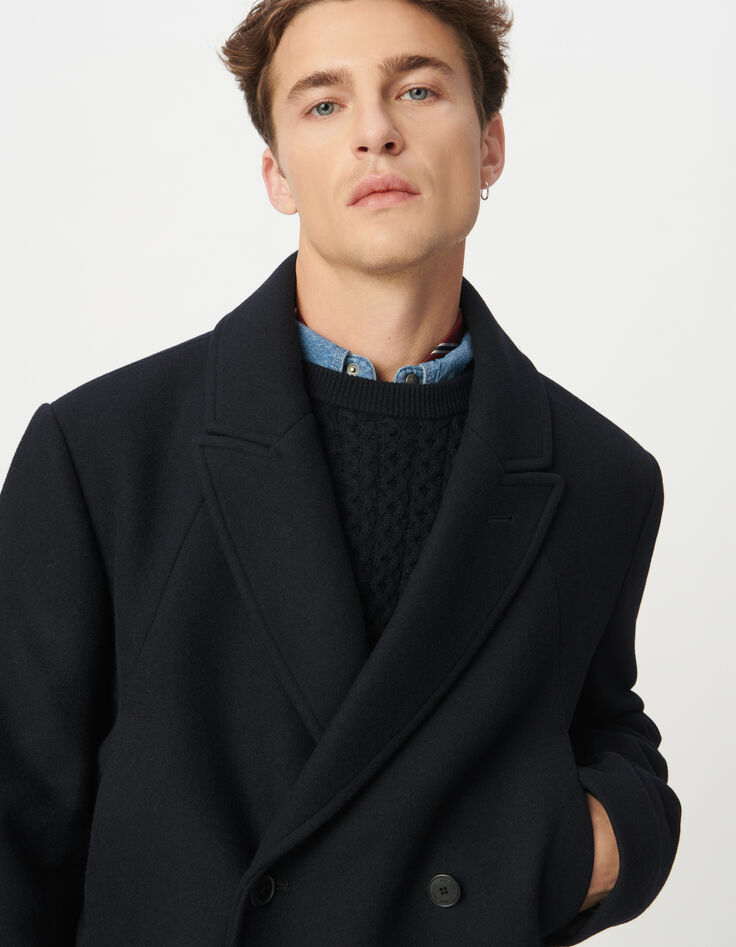 Blauer Herrenmantel halblang &uuml;berkreuzt Knopfleiste-5