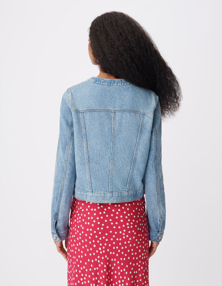 Veste en jean bleu col rond Femme-4