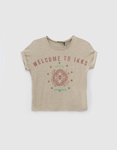 Girls’ khaki glittery slogan T-shirt - IKKS