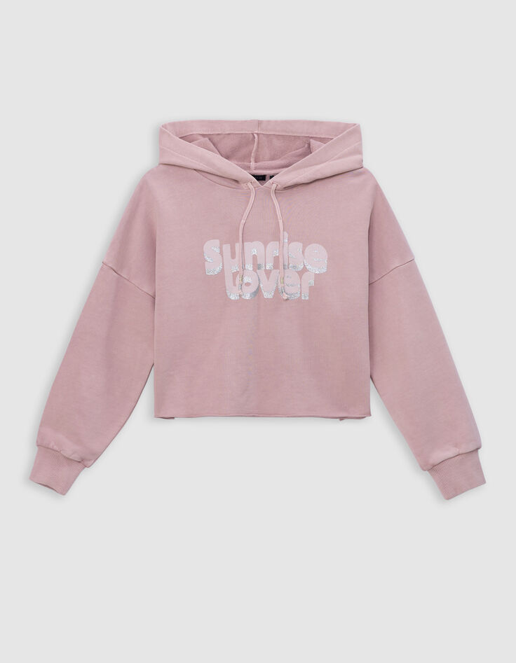 Sweat rose cropped à capuche message pailleté fille-3