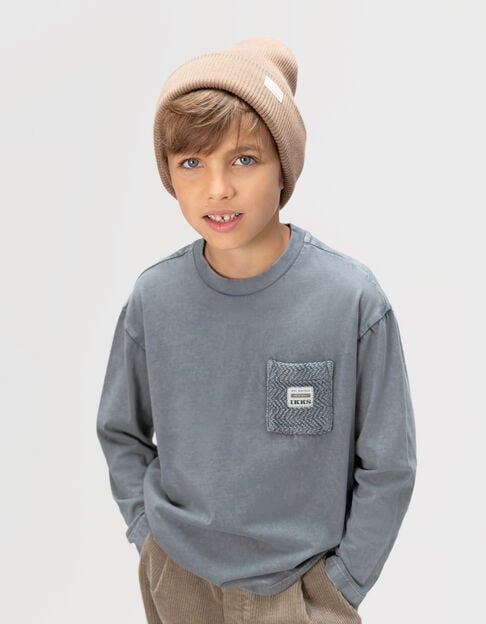 Blauw T-shirt lange mouwen biokatoen tricot zak jongens - IKKS