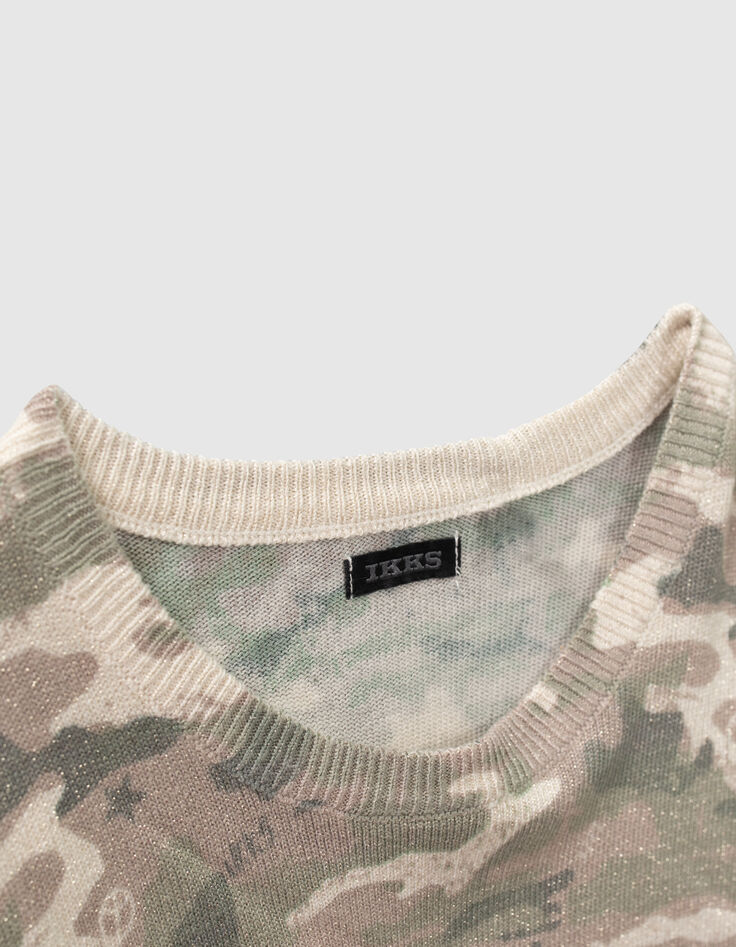 Girls’ khaki glittery camouflage motif knit sweater-3