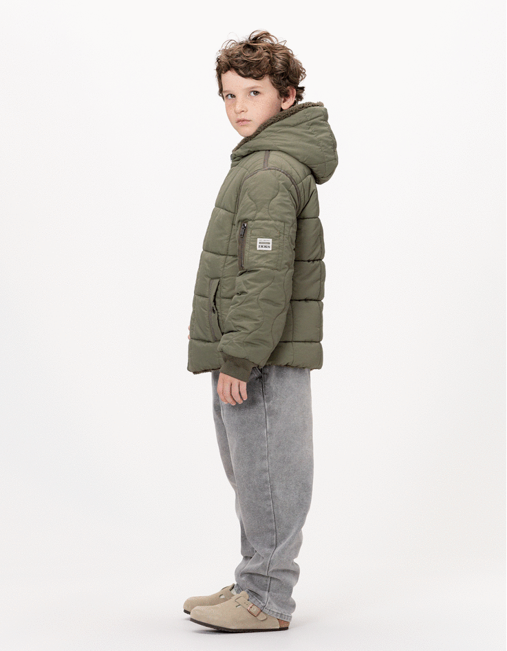 Wendbare Herren-Daunenjacke khaki Nylon gesteppt Sherpa-1