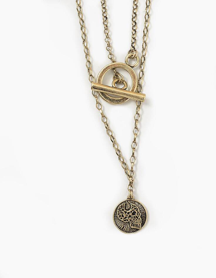 Women’s antique gold skeleton medallion stranded necklace-4