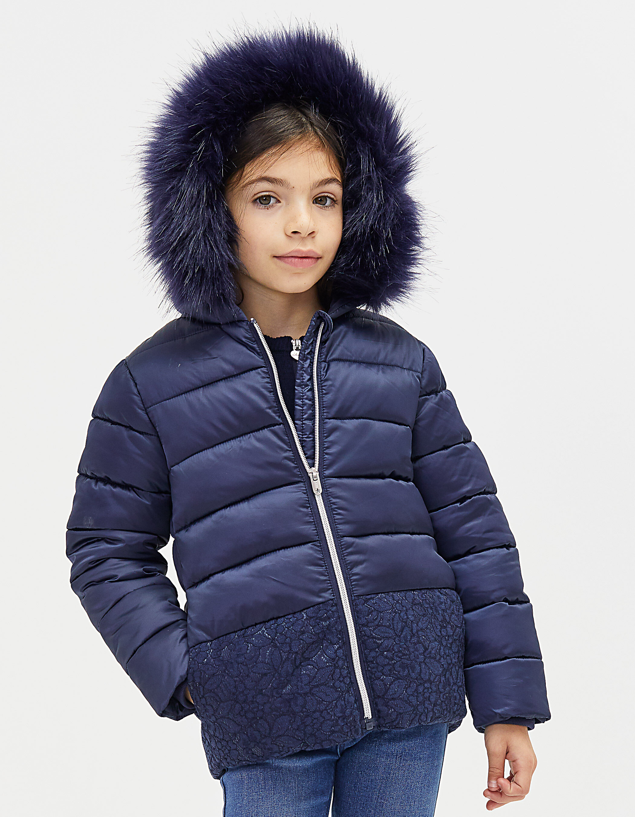Girls navy padded jacket with navy lace IKKS