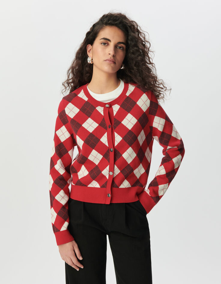 Women’s red diamond jacquard knit cardigan-2